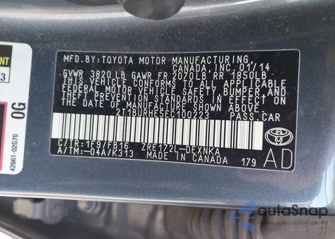 2014 Toyota Corolla Le z USA, uszkodzony, nr VIN 2T1BURHE5EC100223